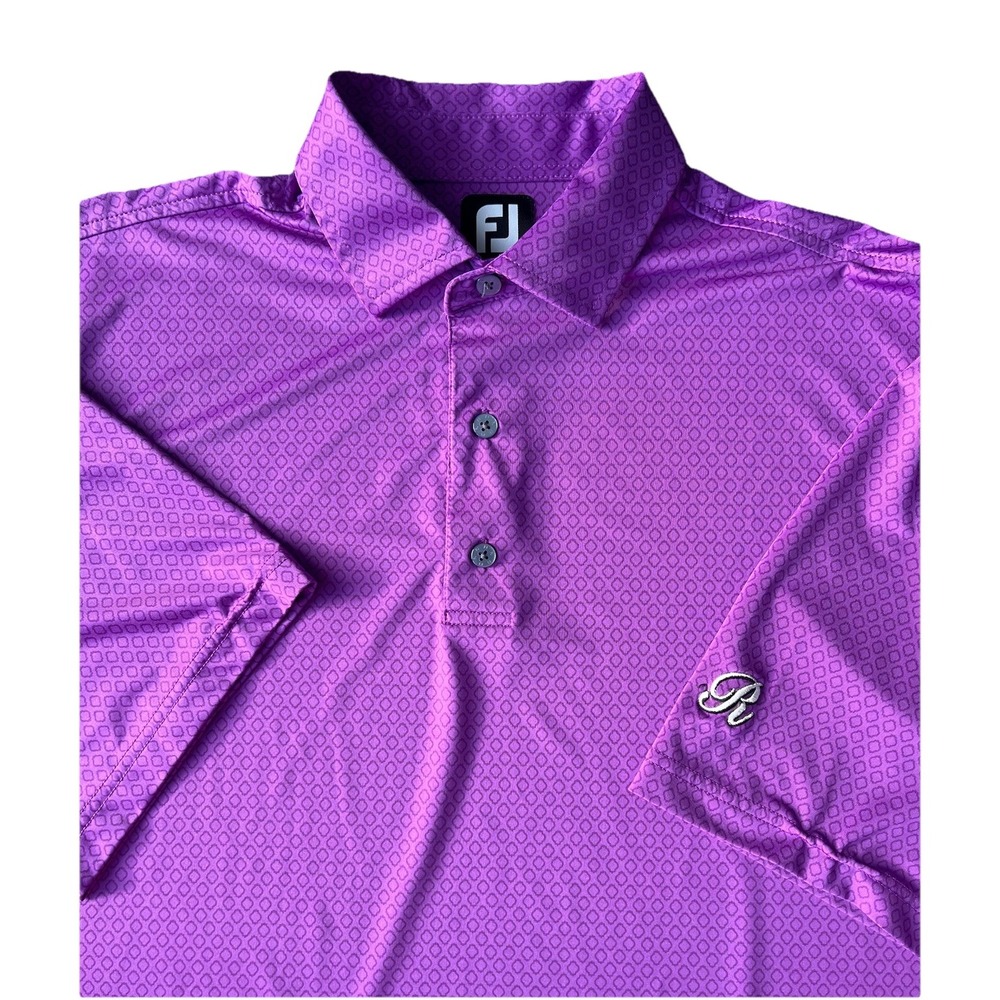 FootJoy Polo Shirt Mens L Purple Geometric Abstract R Logo on Sleeve Large